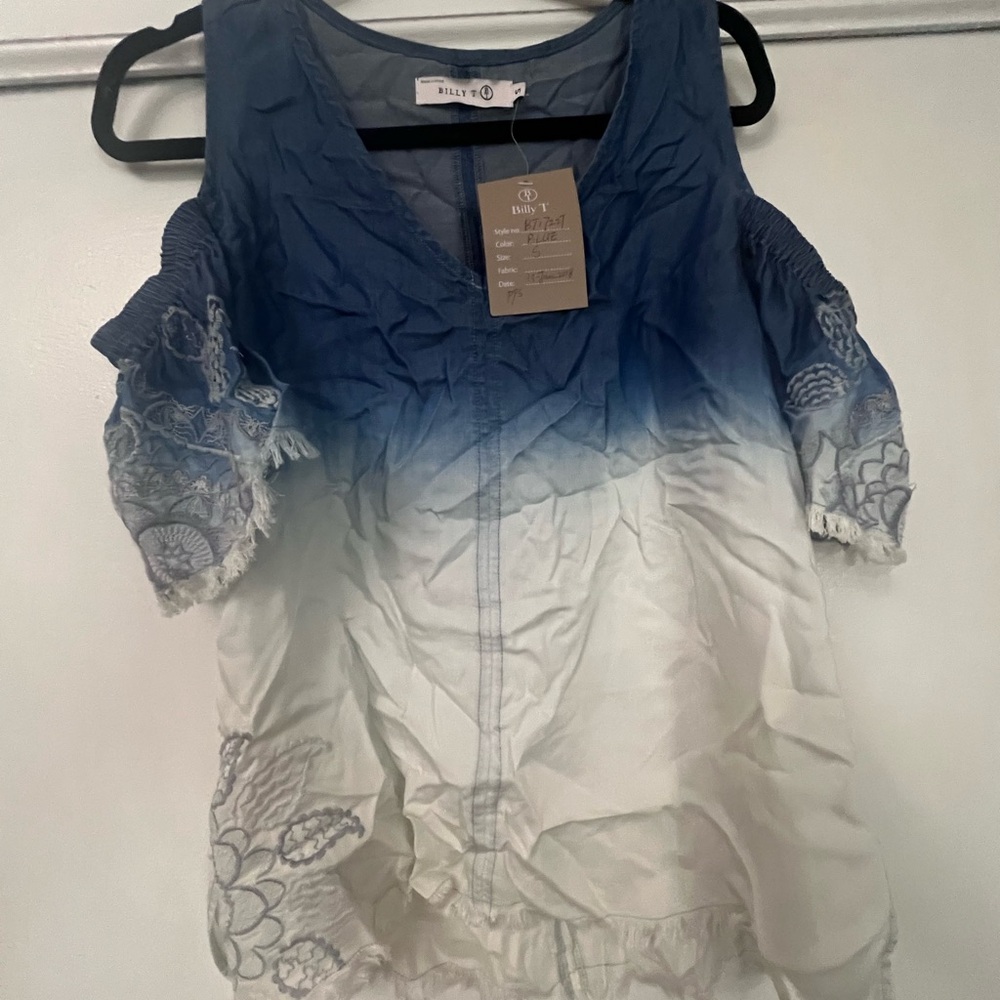 Blue and White Asymmetrical Sleeveless Blouse